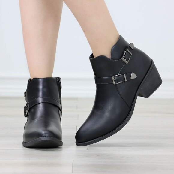 Womens Ankle Boots Low Block Heel Black Synthetic Leather Pointed Toe Buckles - Picture 5 of 11